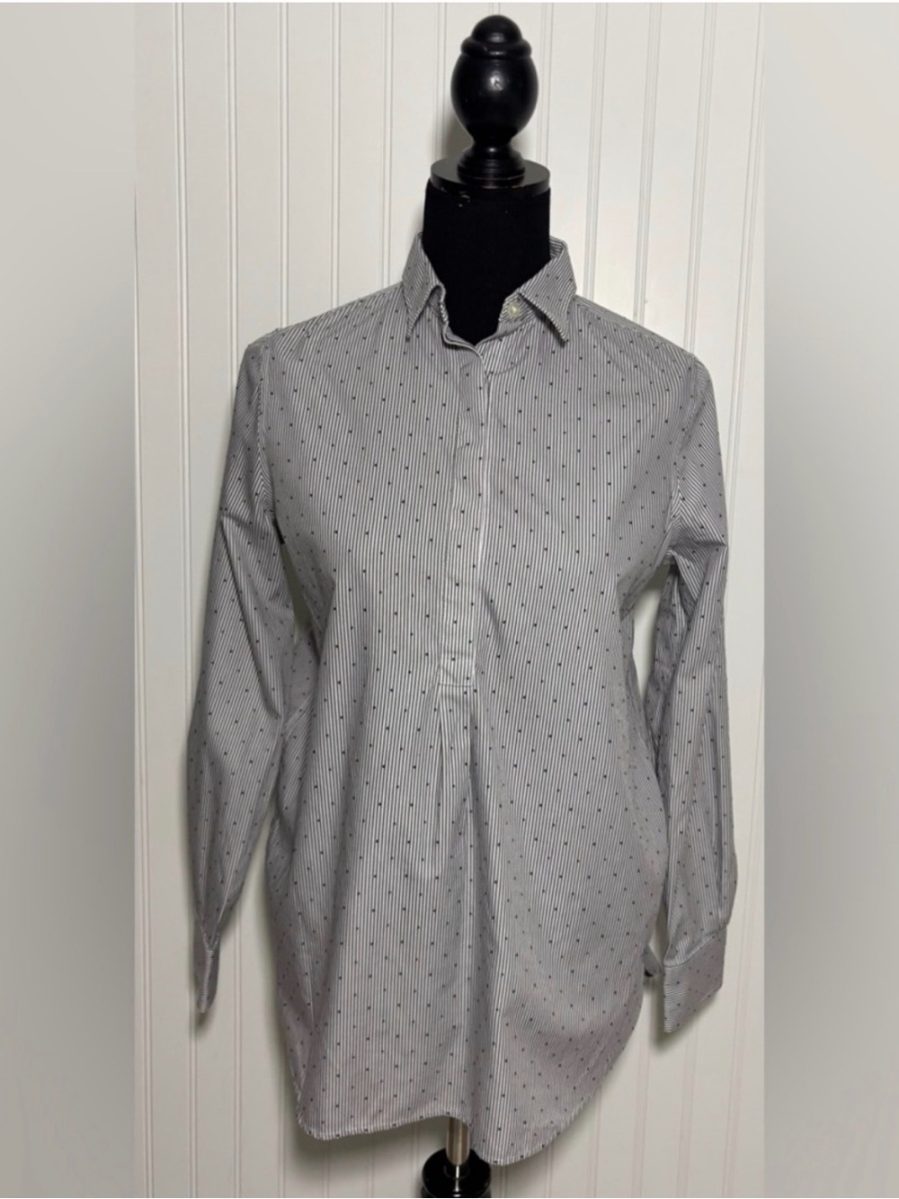Lands' End White Button-Down Shirt with Thin Gray Stripes